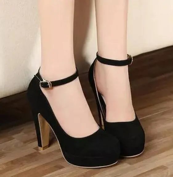 round head thick suede high heels