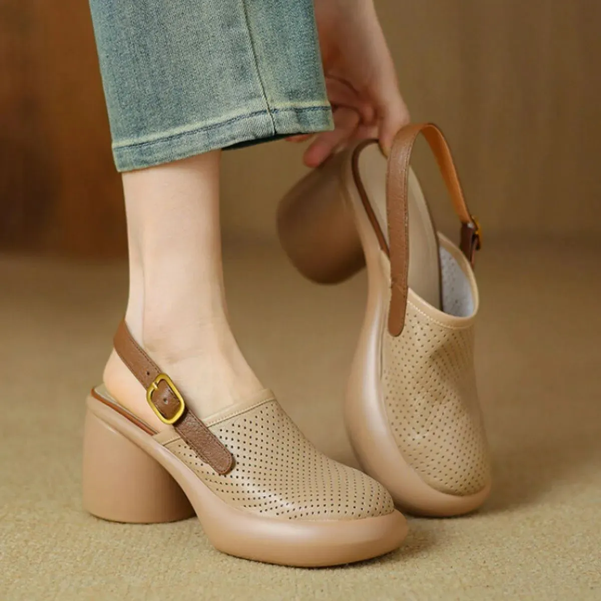 Round Toe Block Heels Pumps