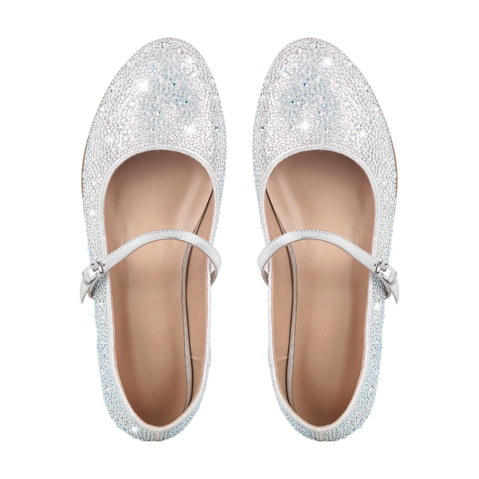 Round Toe Rhinestone Buckle Strap Flats
