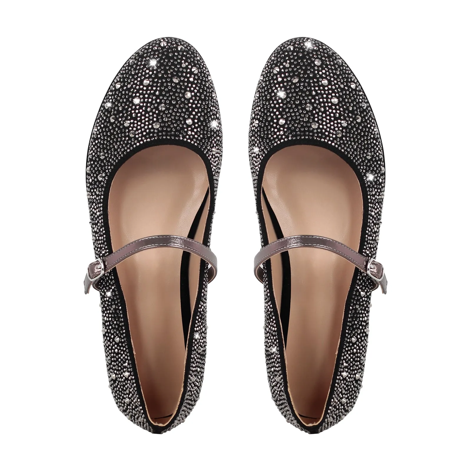 Round Toe Rhinestone Buckle Strap Flats