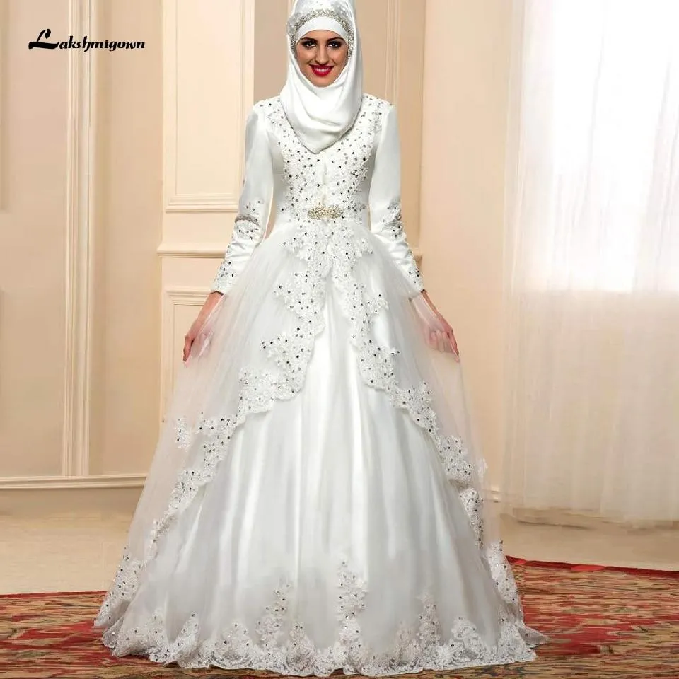 Roycebridal Ivory Muslim SatinTulle Wedding Dress Long Sleeves Lace Appliques