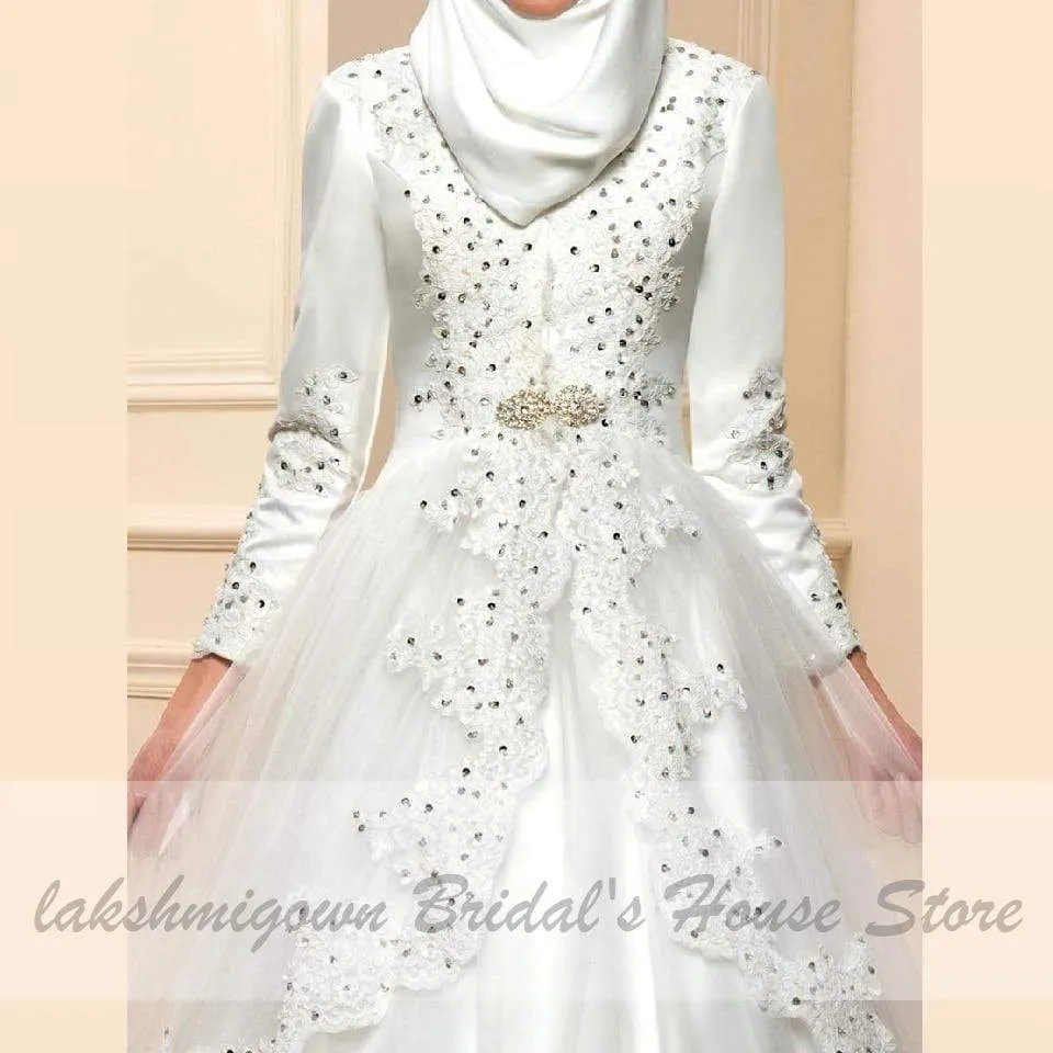 Roycebridal Ivory Muslim SatinTulle Wedding Dress Long Sleeves Lace Appliques