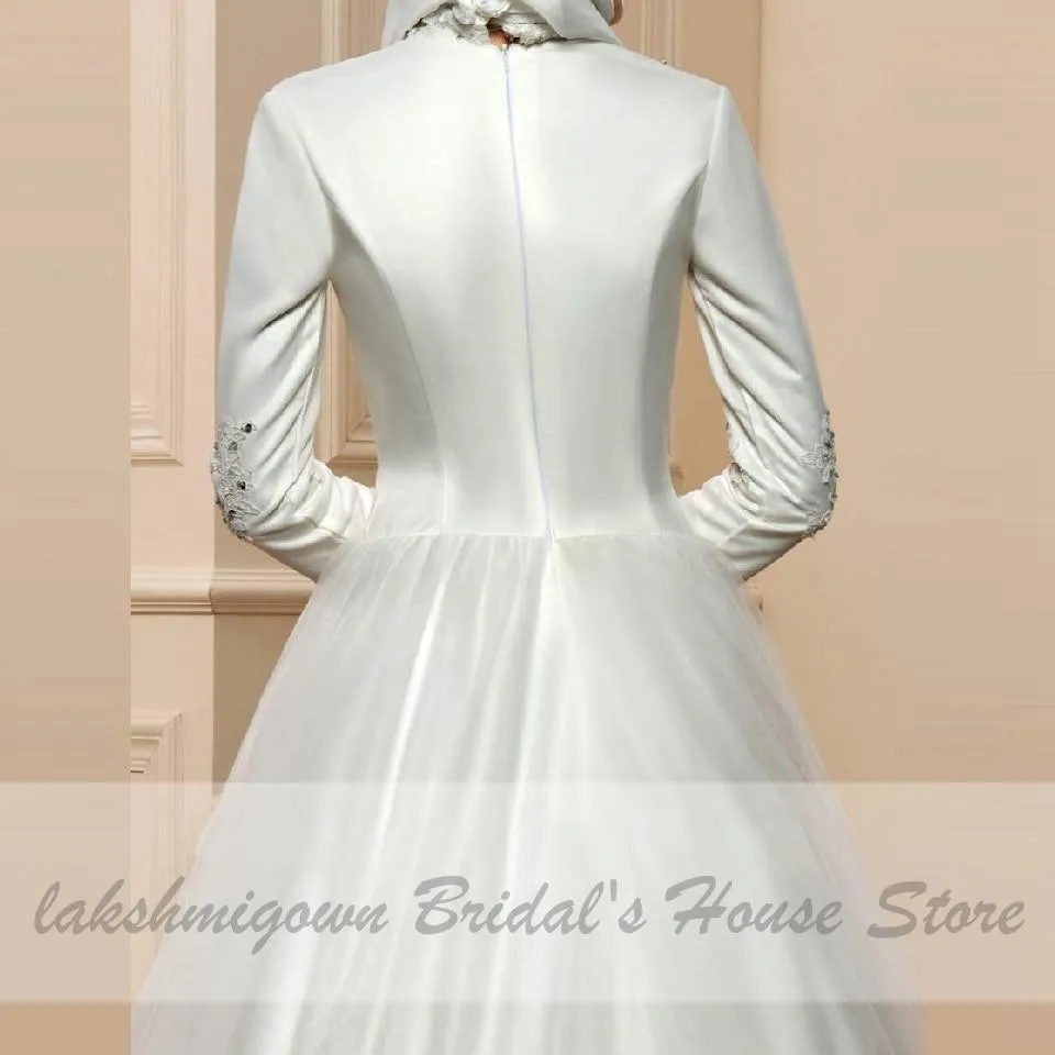 Roycebridal Ivory Muslim SatinTulle Wedding Dress Long Sleeves Lace Appliques