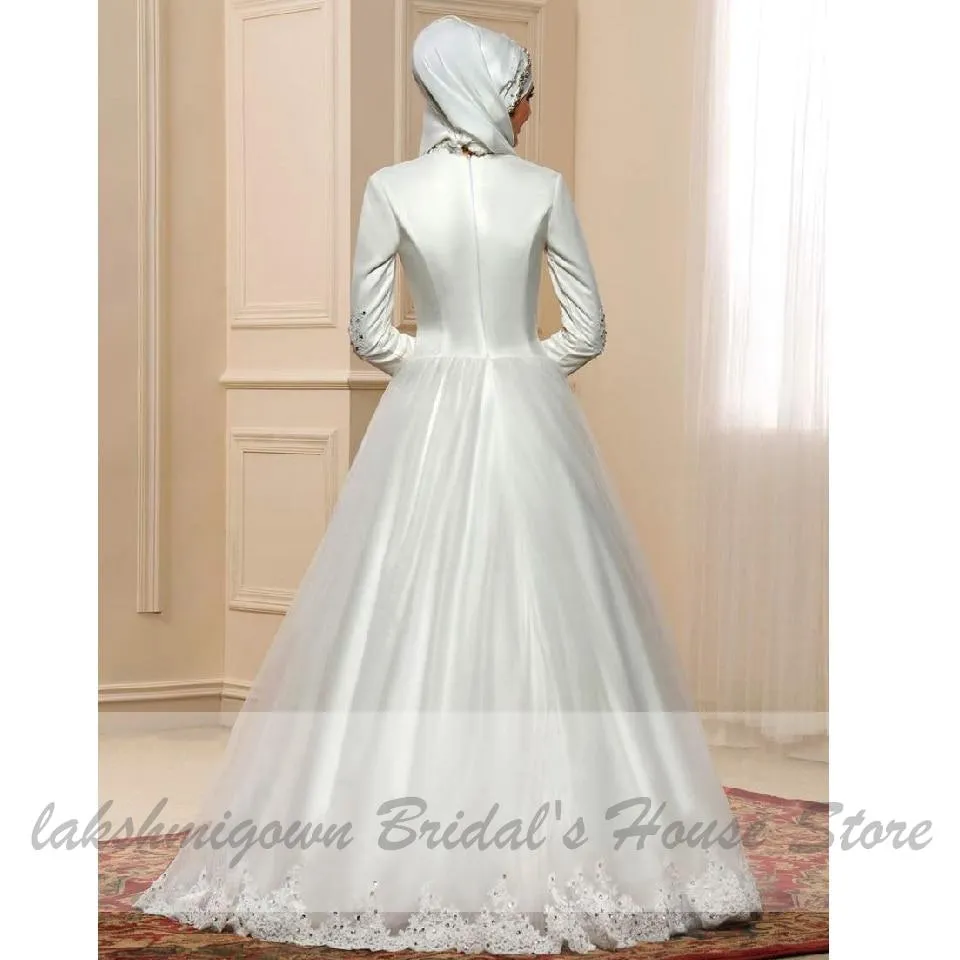 Roycebridal Ivory Muslim SatinTulle Wedding Dress Long Sleeves Lace Appliques