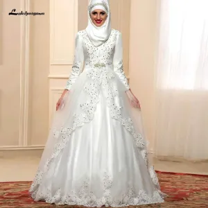 Roycebridal Ivory Muslim SatinTulle Wedding Dress Long Sleeves Lace Appliques
