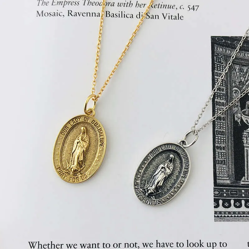S925 Personalized Religious Cameo Virgin Mary Vintage Coin Necklace