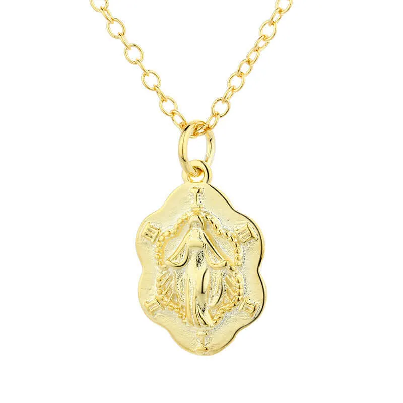S925 Vintage Gold Virgin Mary Miraculous Medal Virgencita Necklace