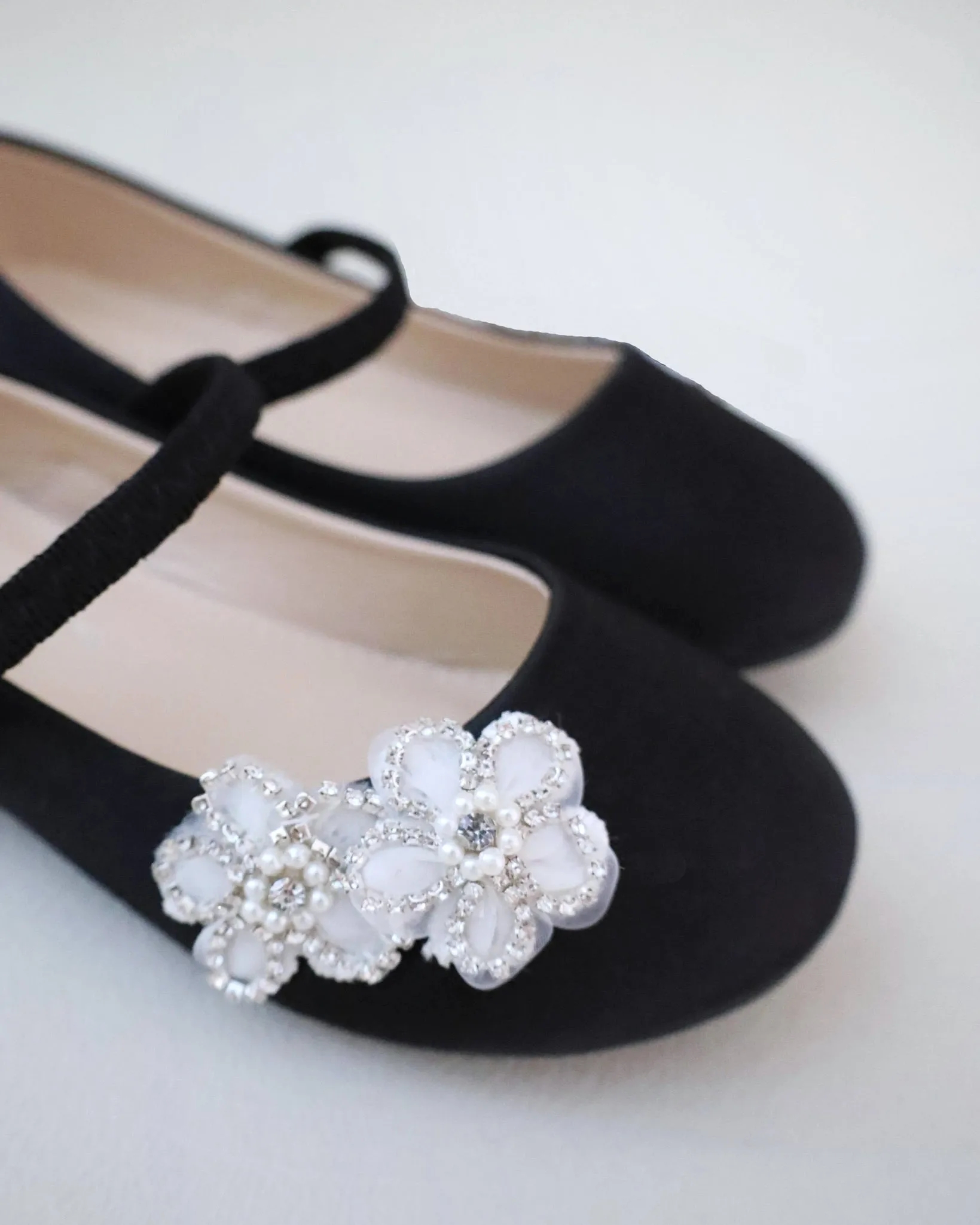 Satin Mary Jane Flats with Rhinestones Chassia Flower
