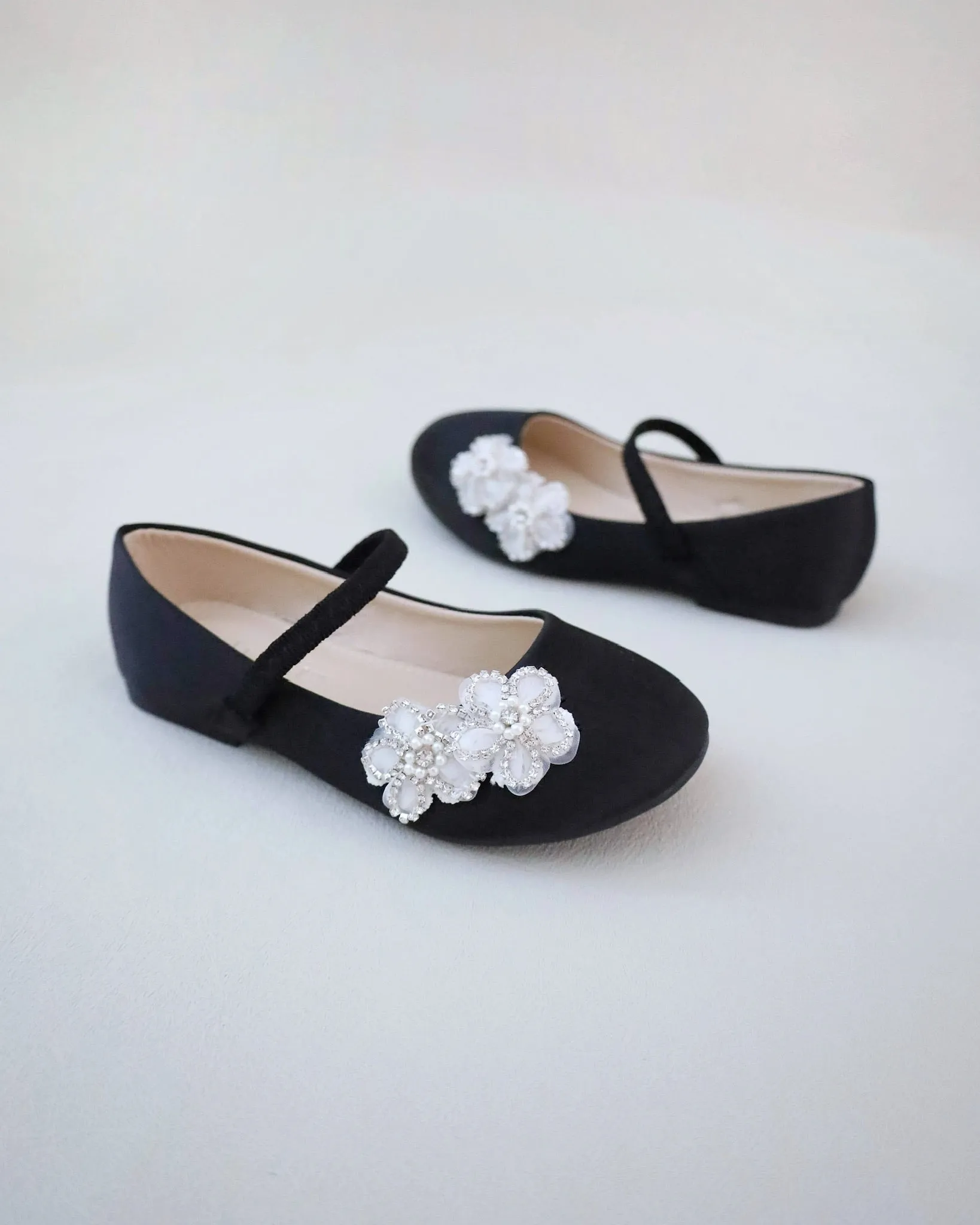 Satin Mary Jane Flats with Rhinestones Chassia Flower