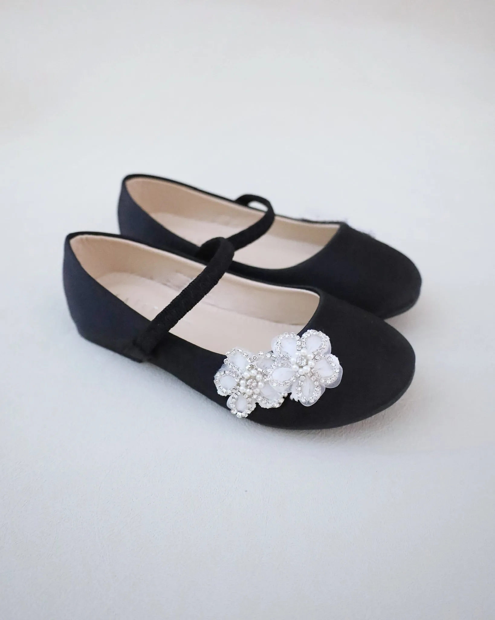 Satin Mary Jane Flats with Rhinestones Chassia Flower