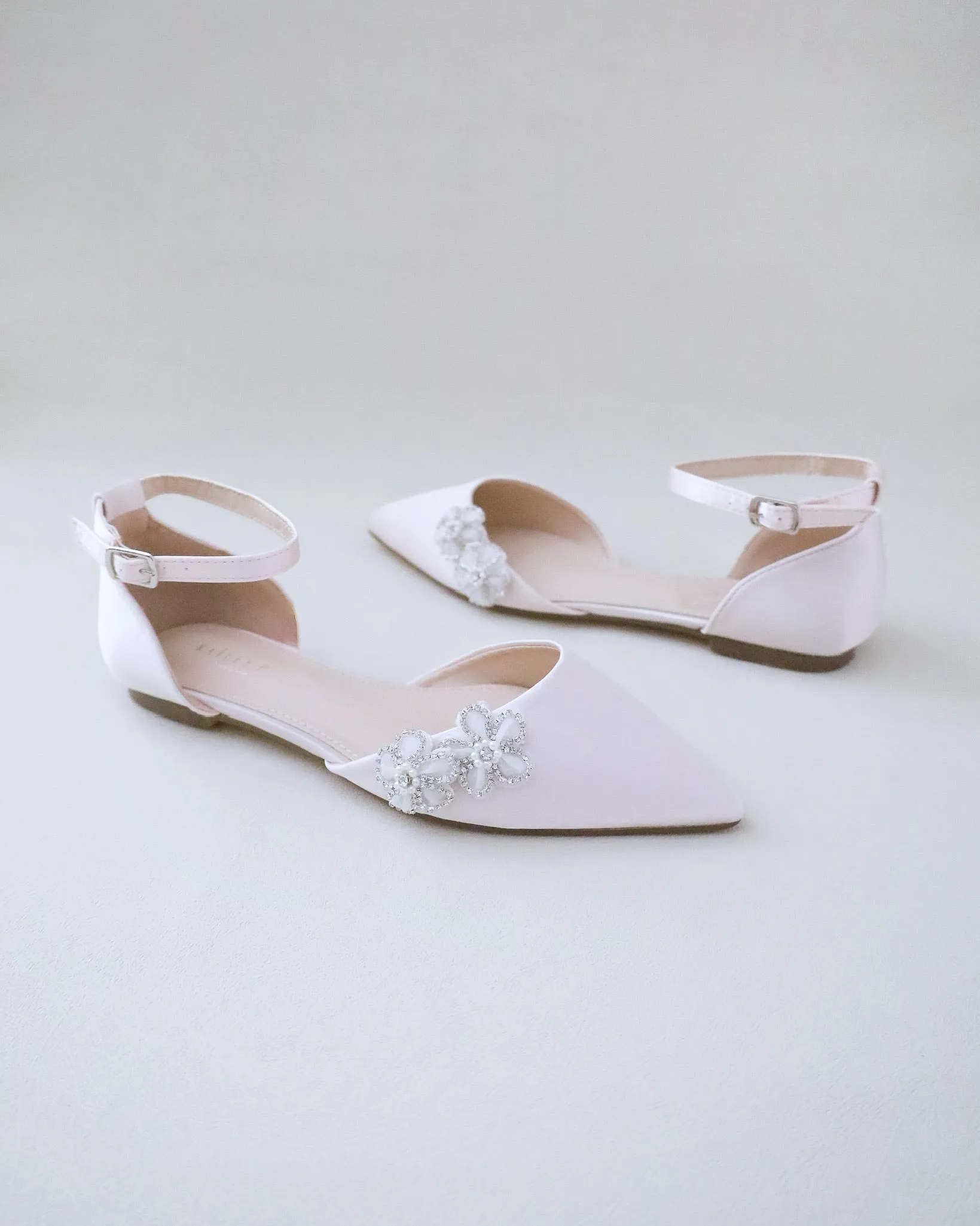 Satin Pointy Toe Evening Flats with Rhinestones Chassia Flower