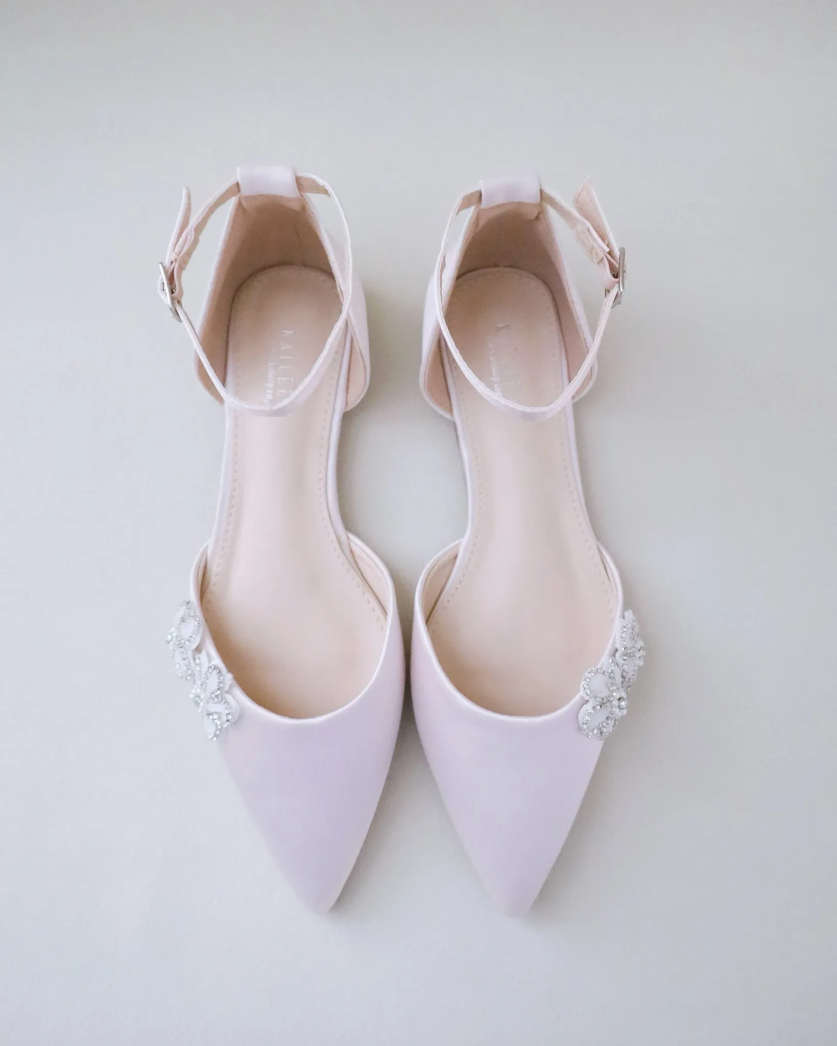 Satin Pointy Toe Evening Flats with Rhinestones Chassia Flower