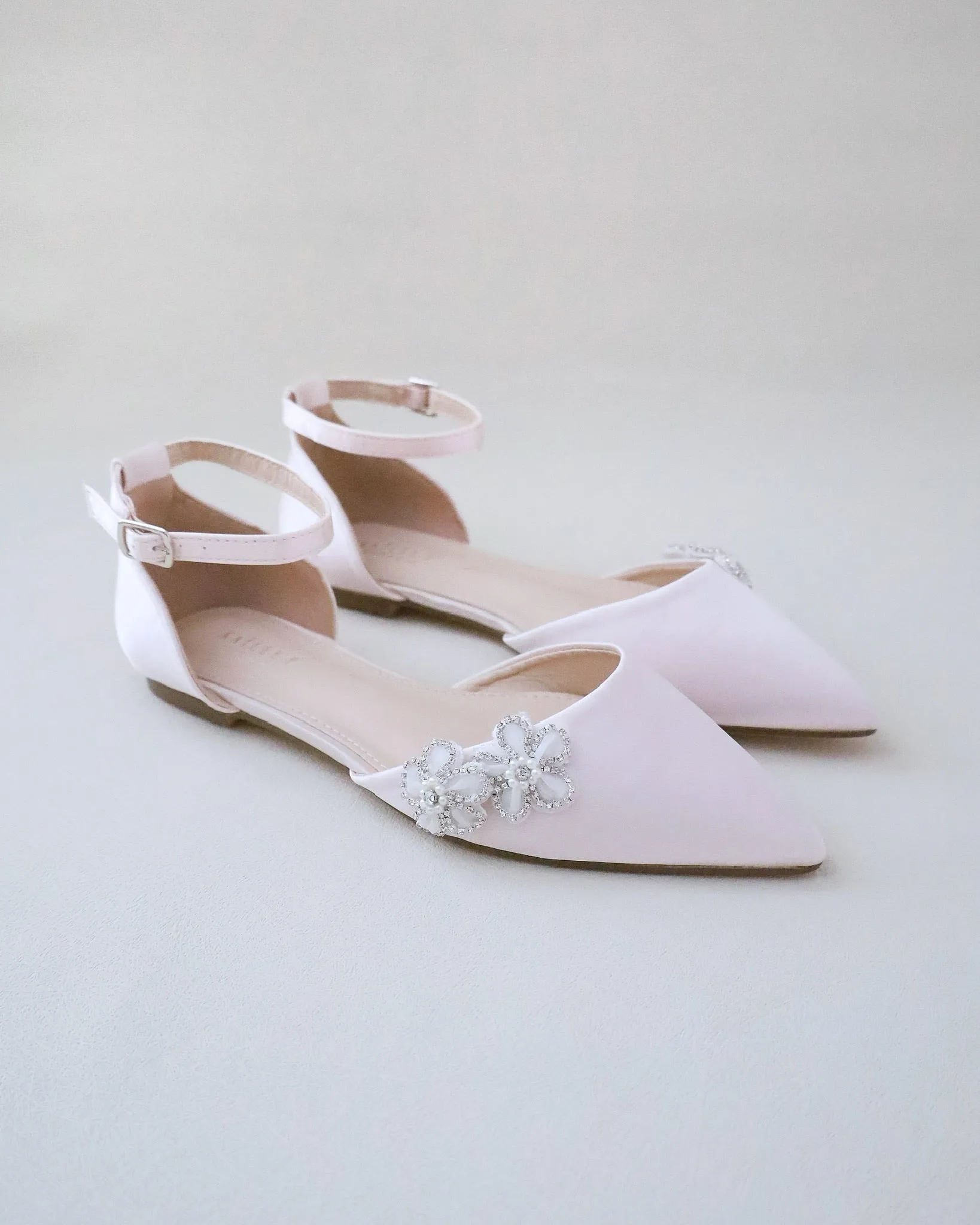 Satin Pointy Toe Evening Flats with Rhinestones Chassia Flower