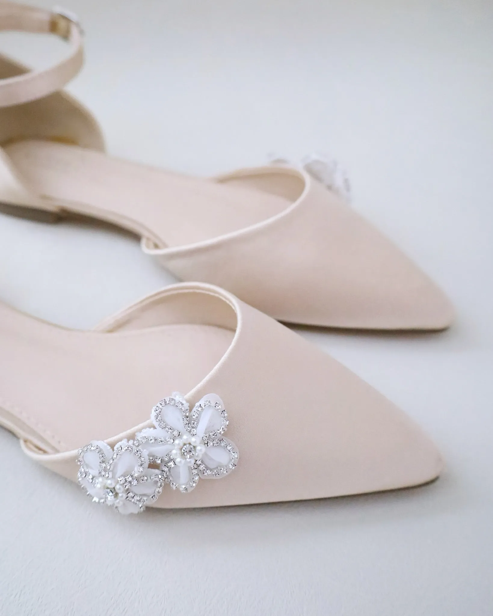 Satin Pointy Toe Evening Flats with Rhinestones Chassia Flower
