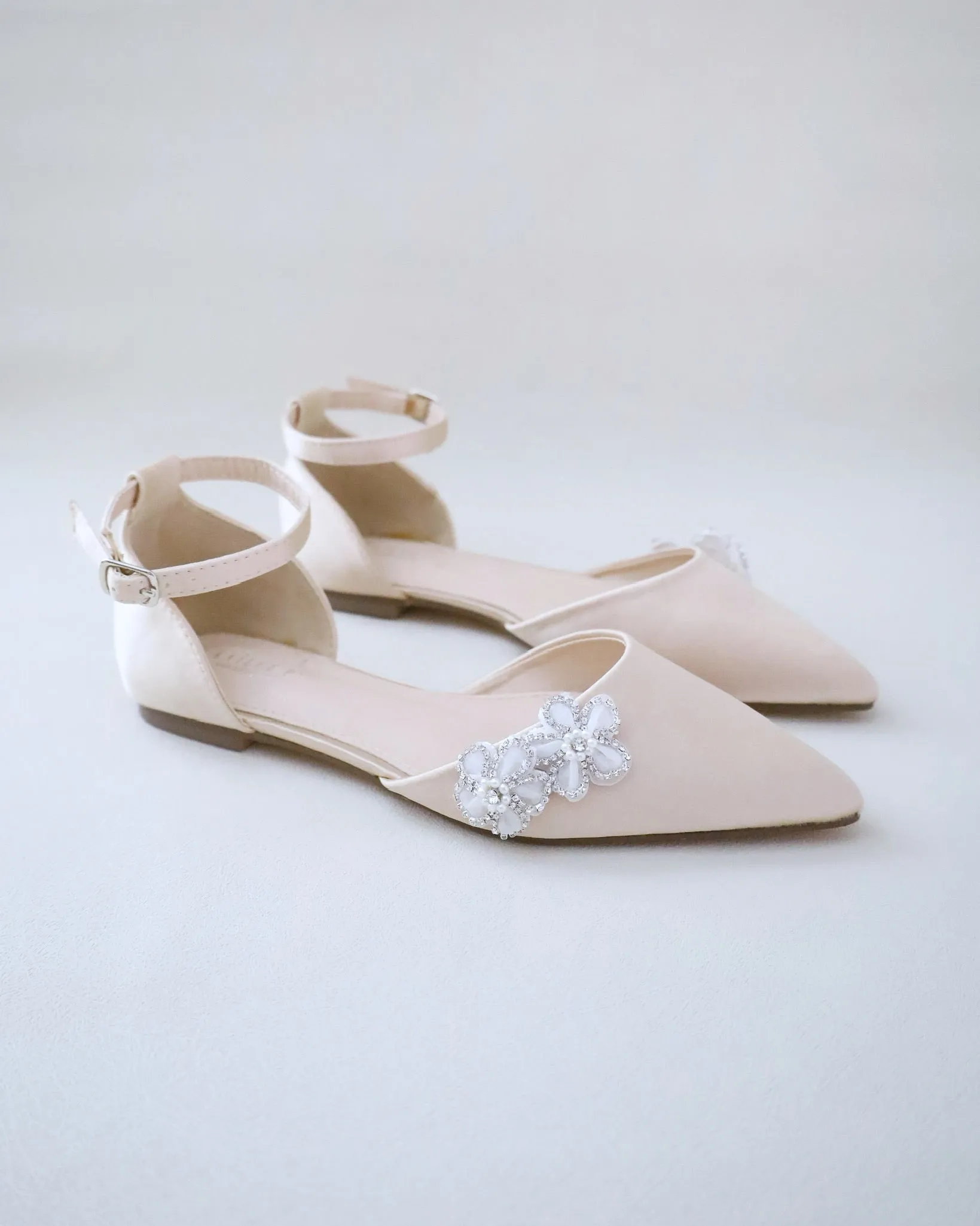 Satin Pointy Toe Evening Flats with Rhinestones Chassia Flower
