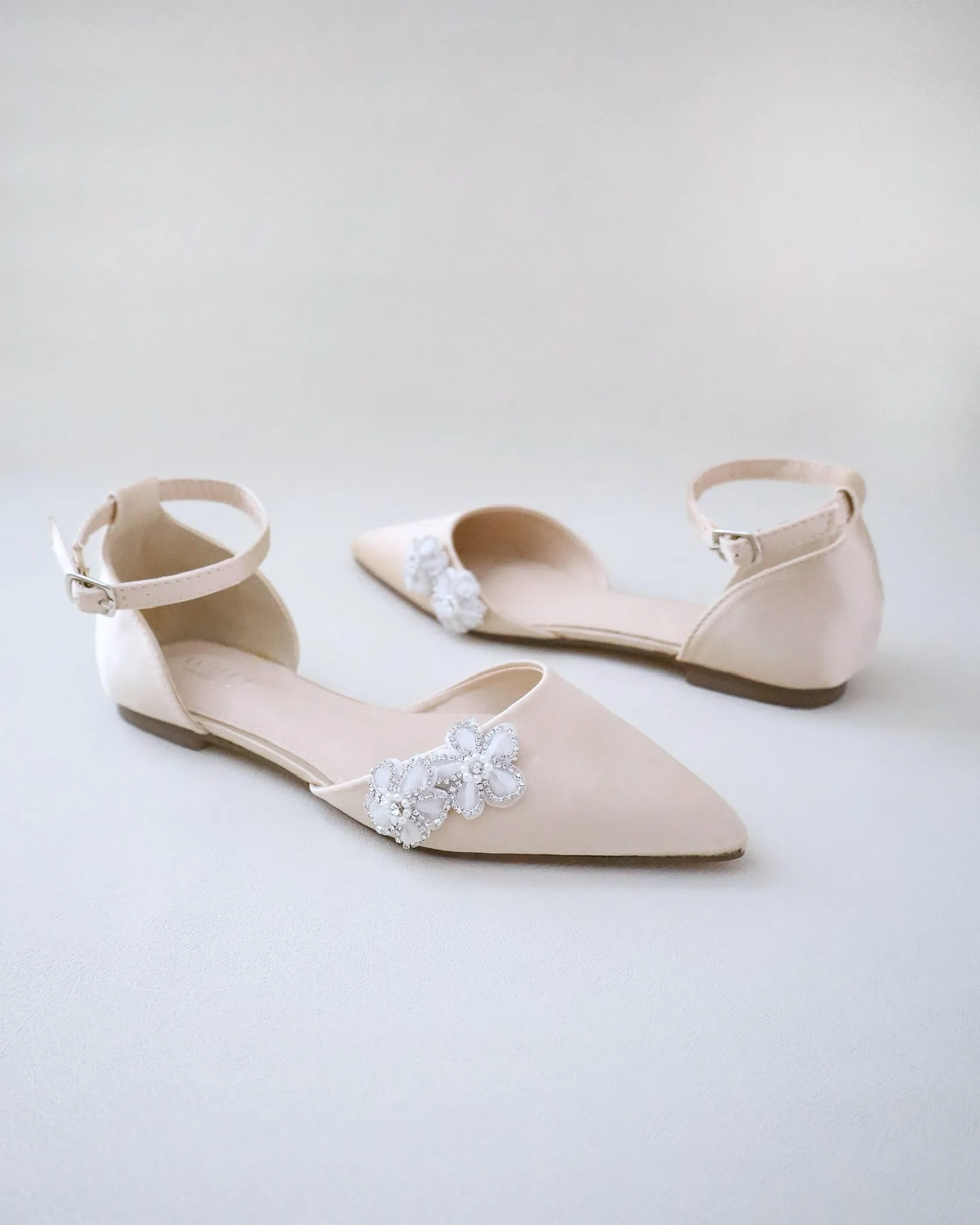 Satin Pointy Toe Evening Flats with Rhinestones Chassia Flower