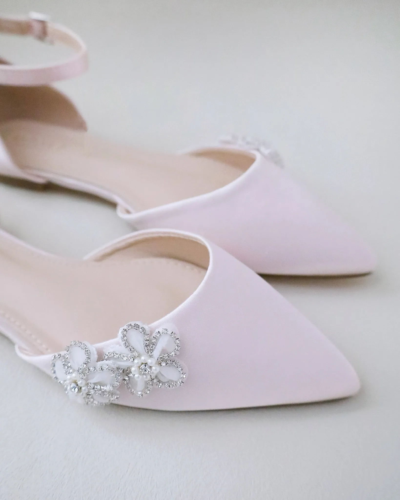Satin Pointy Toe Evening Flats with Rhinestones Chassia Flower