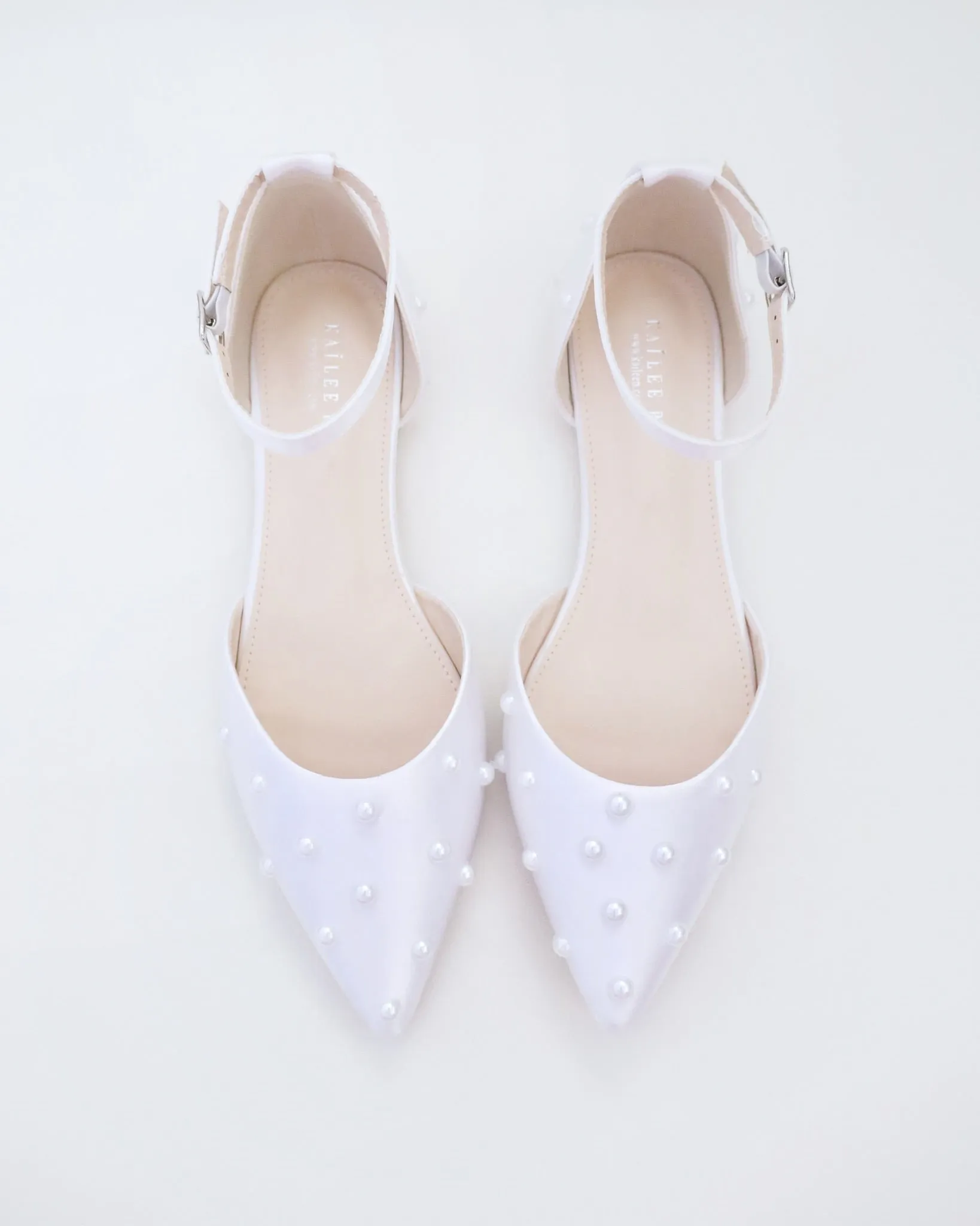 Satin Pointy Toe Flats with Scattered Pearls