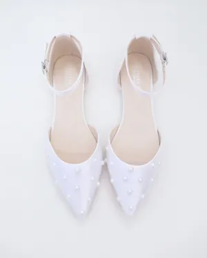 Satin Pointy Toe Flats with Scattered Pearls