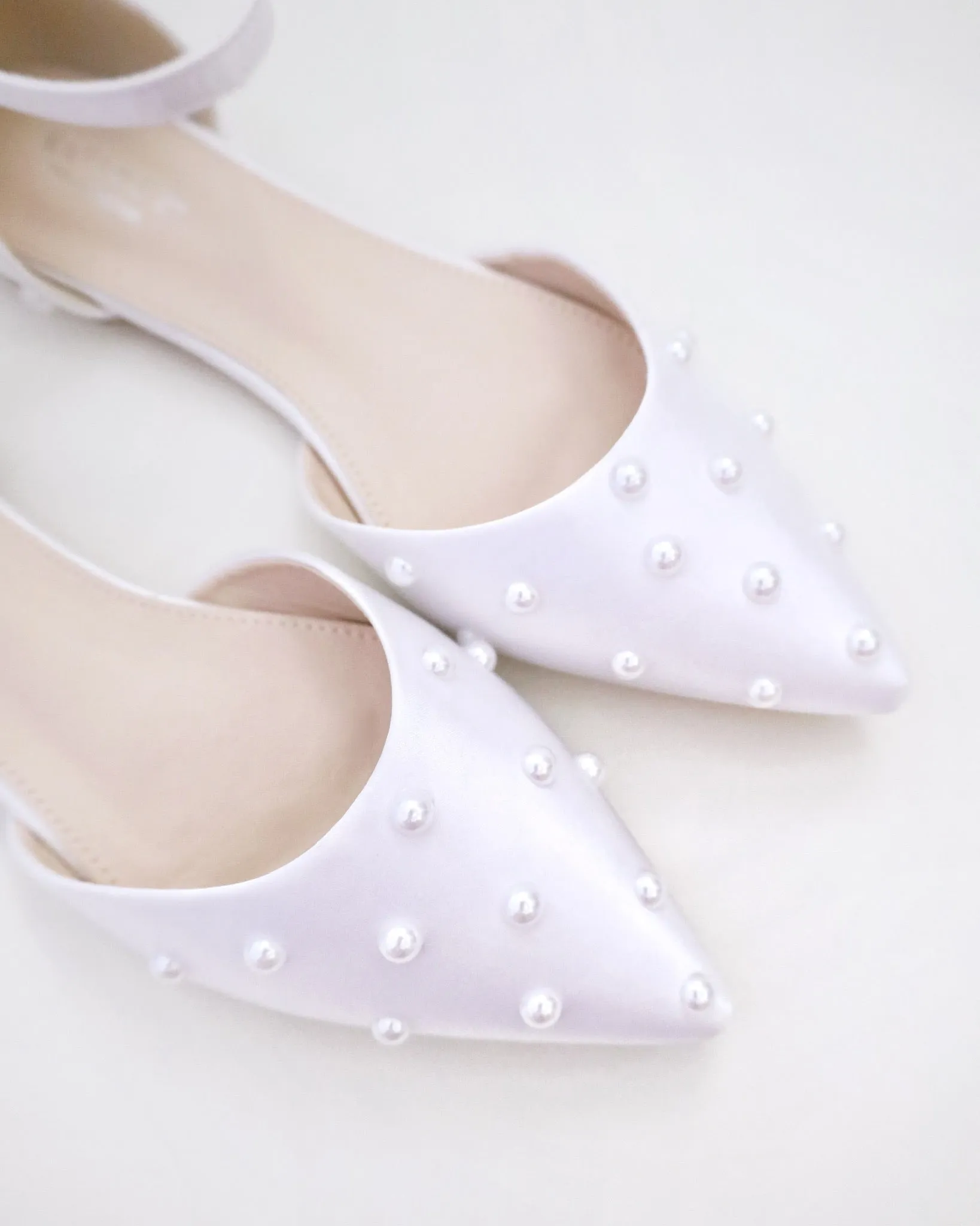 Satin Pointy Toe Flats with Scattered Pearls