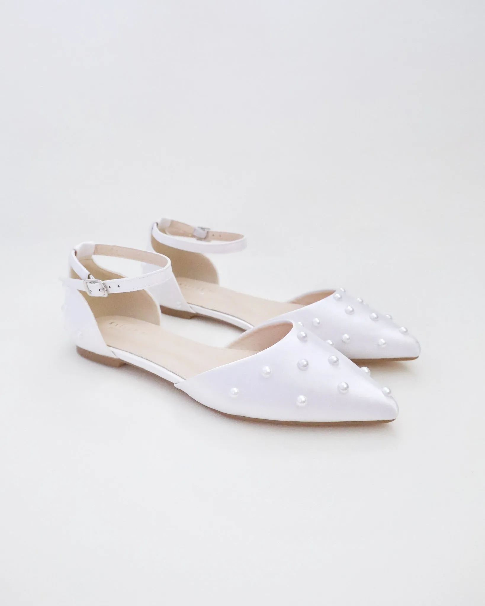 Satin Pointy Toe Flats with Scattered Pearls