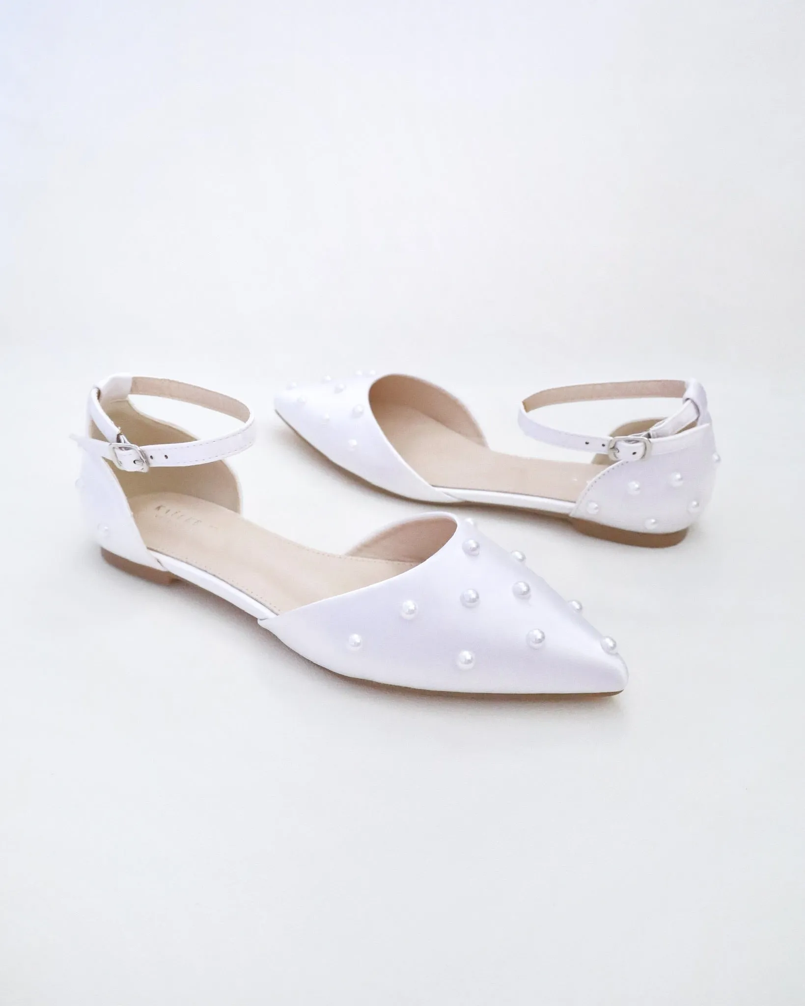 Satin Pointy Toe Flats with Scattered Pearls