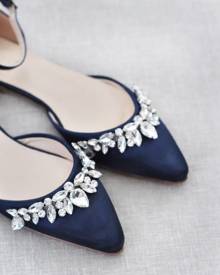 Satin Pointy Toe Flats with Teardrop Rhinestones Embellishments