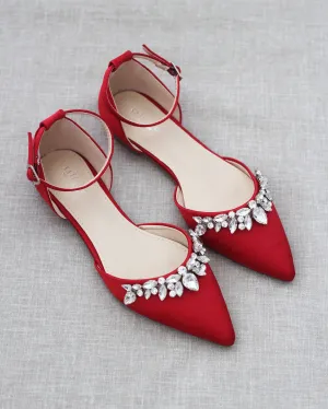 Satin Pointy Toe Flats with Teardrop Rhinestones Embellishments