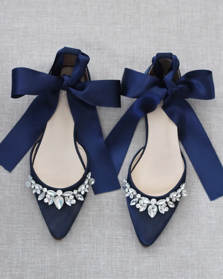 Satin Pointy Toe Flats with Teardrop Rhinestones Embellishments