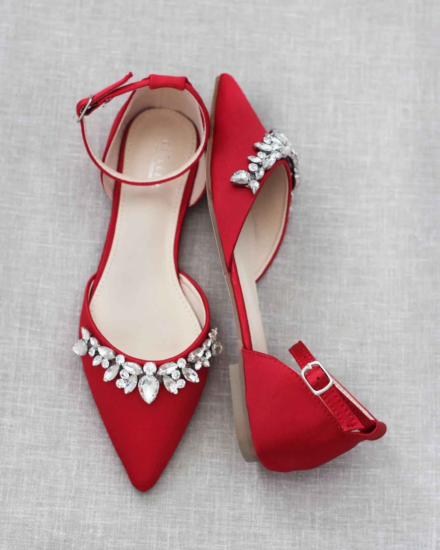 Satin Pointy Toe Flats with Teardrop Rhinestones Embellishments