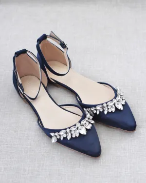 Satin Pointy Toe Flats with Teardrop Rhinestones Embellishments