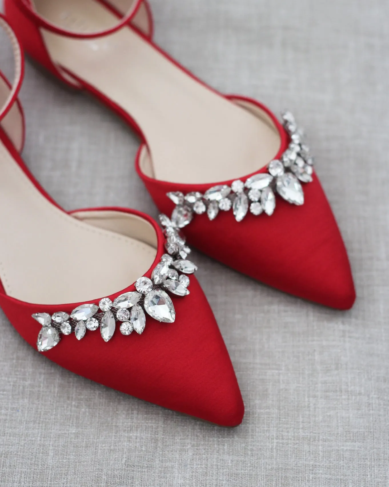 Satin Pointy Toe Flats with Teardrop Rhinestones Embellishments