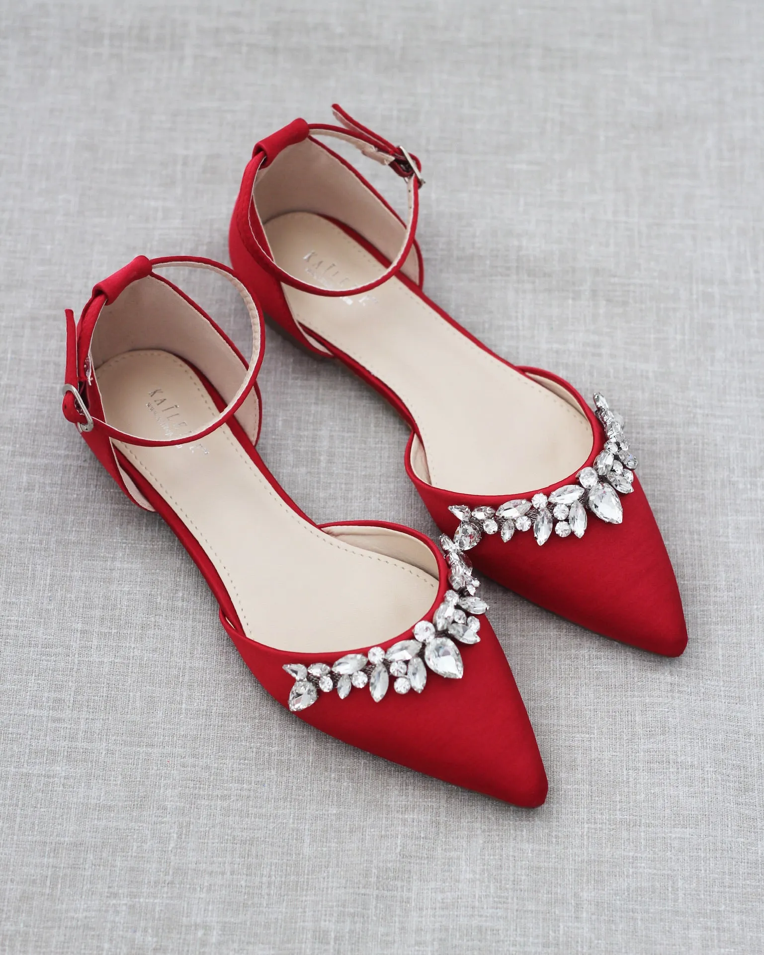 Satin Pointy Toe Flats with Teardrop Rhinestones Embellishments