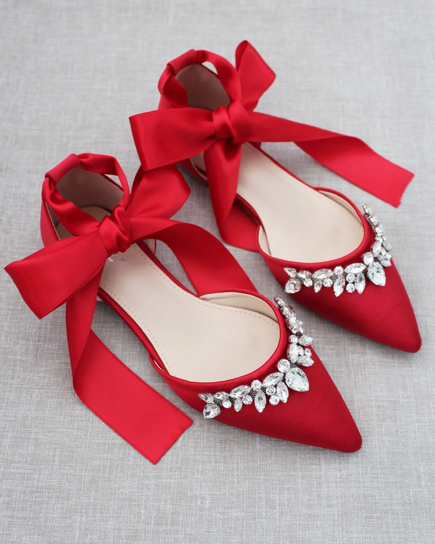 Satin Pointy Toe Flats with Teardrop Rhinestones Embellishments