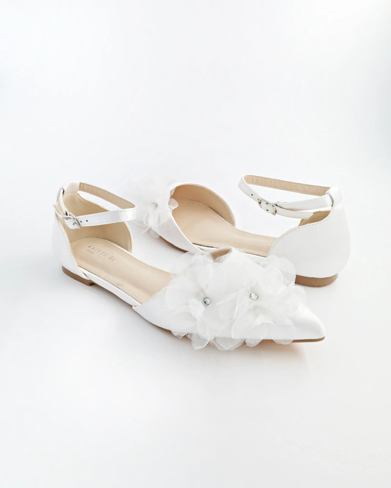 Satin Pointy Toe Wedding Flats with Ophelia Flowers
