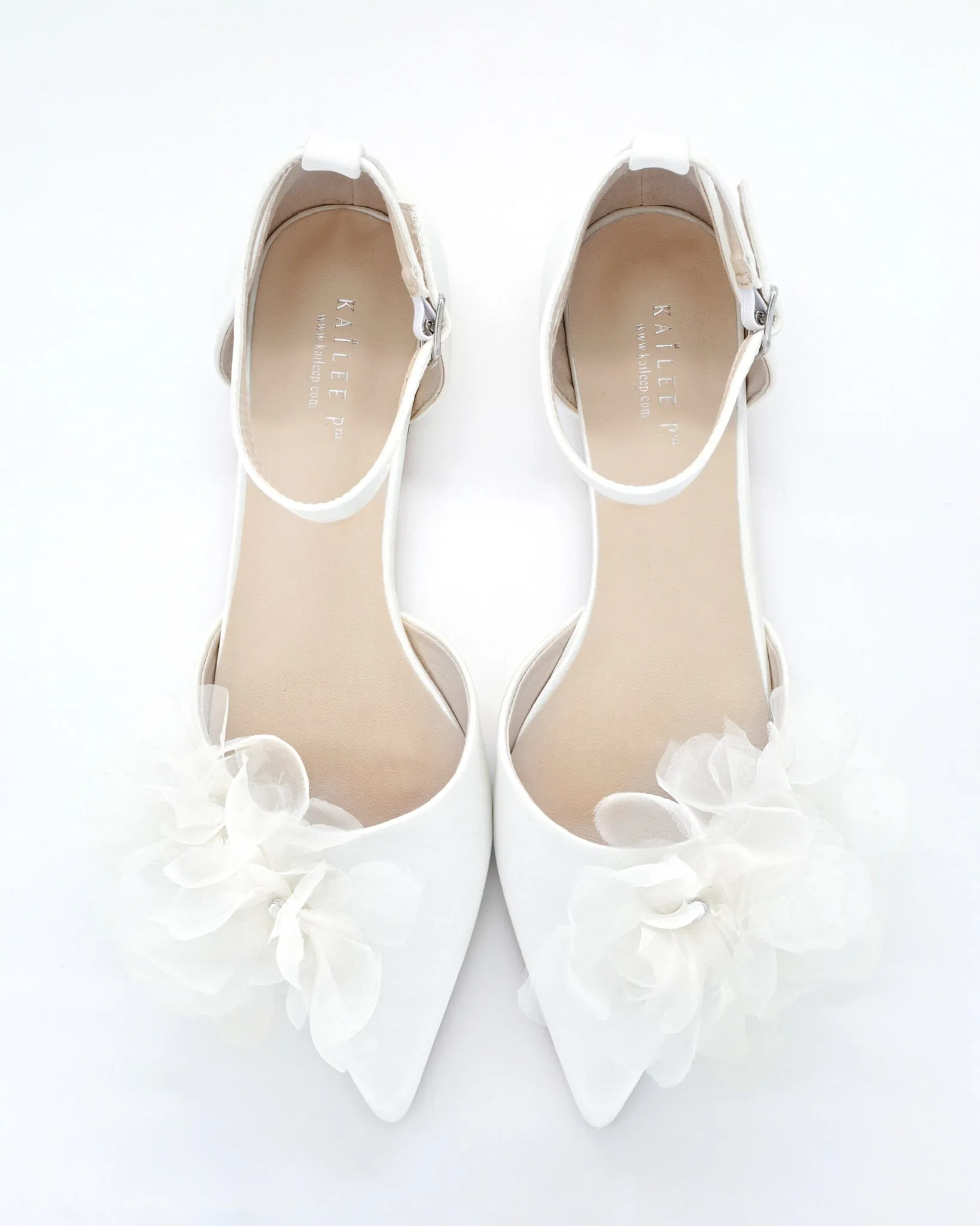 Satin Pointy Toe Wedding Flats with Ophelia Flowers