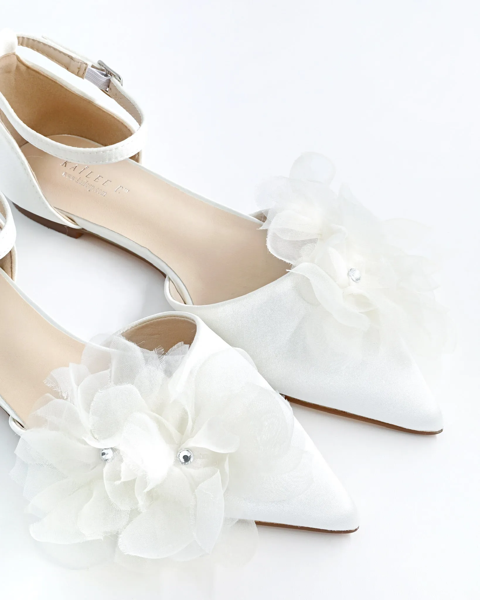 Satin Pointy Toe Wedding Flats with Ophelia Flowers