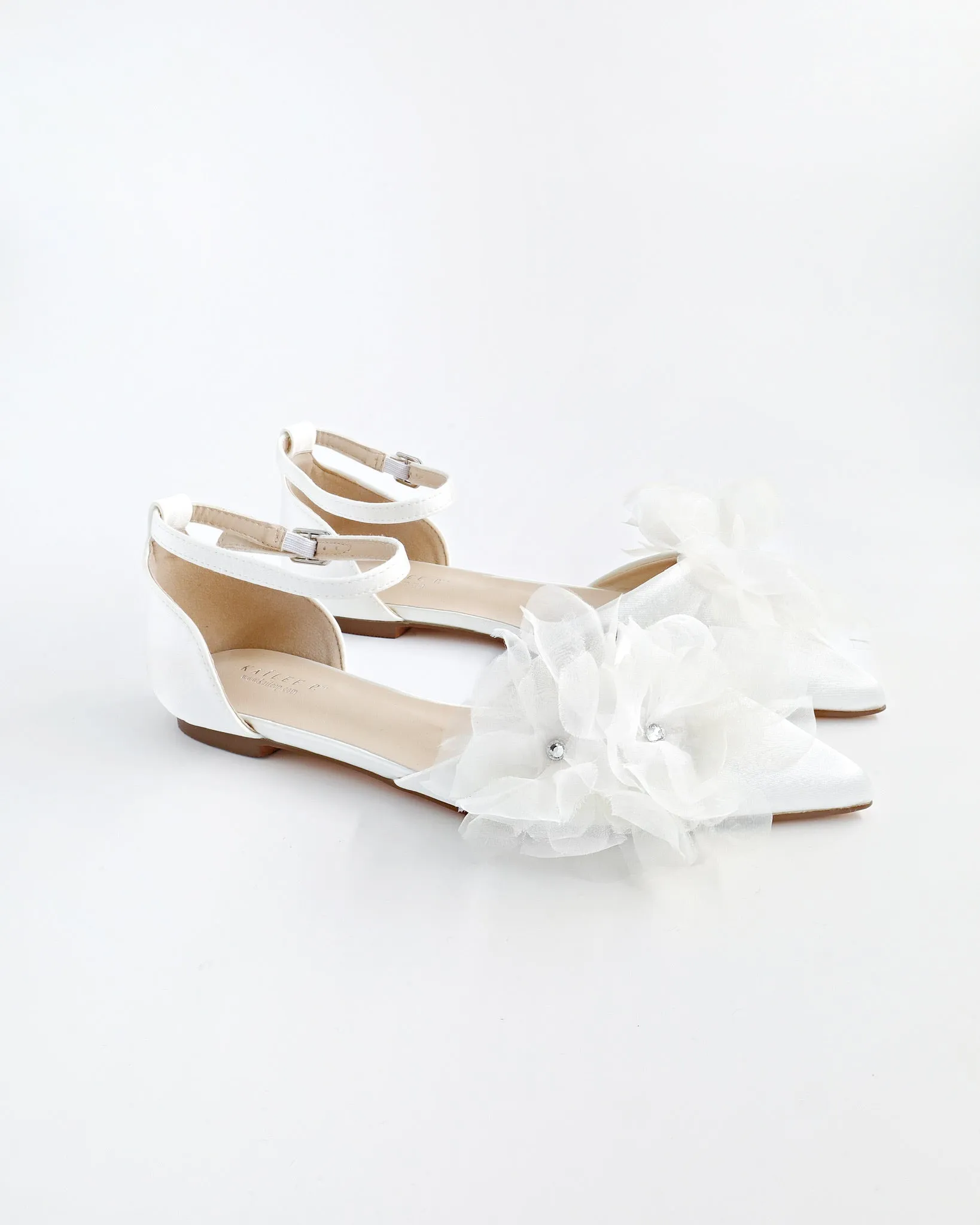 Satin Pointy Toe Wedding Flats with Ophelia Flowers