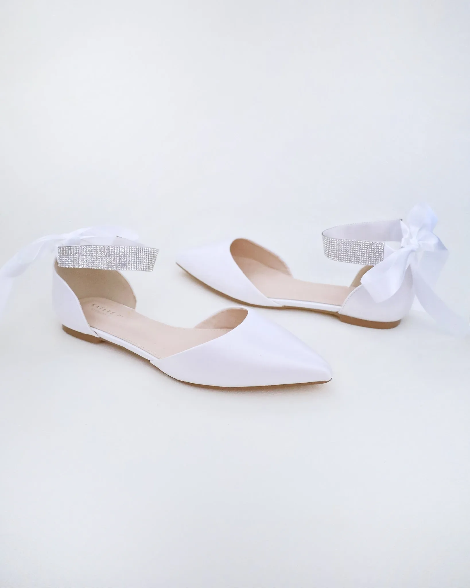 Satin Pointy Toe Wedding Flats with Rhinestones Strap