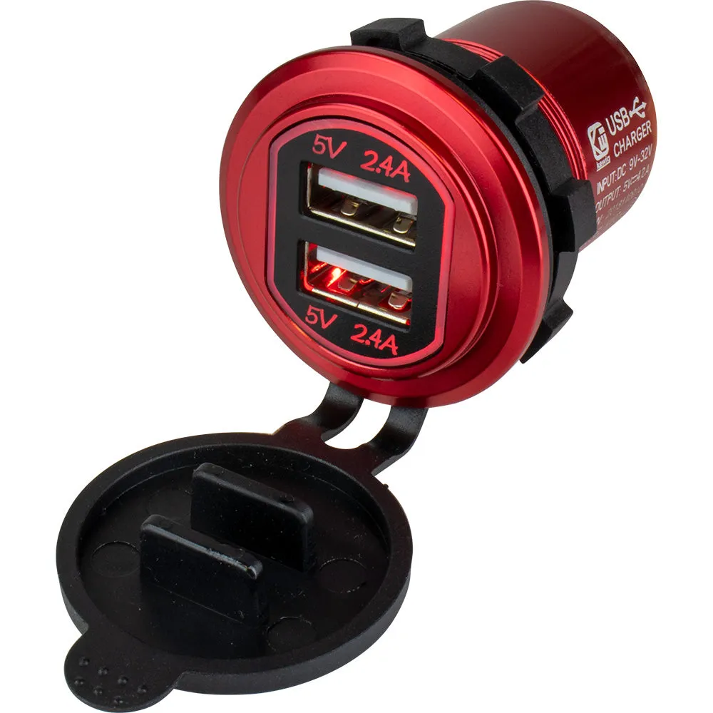 Sea-Dog Round Red Dual USB Charger w/1 Quick Charge Port   [426504-1]