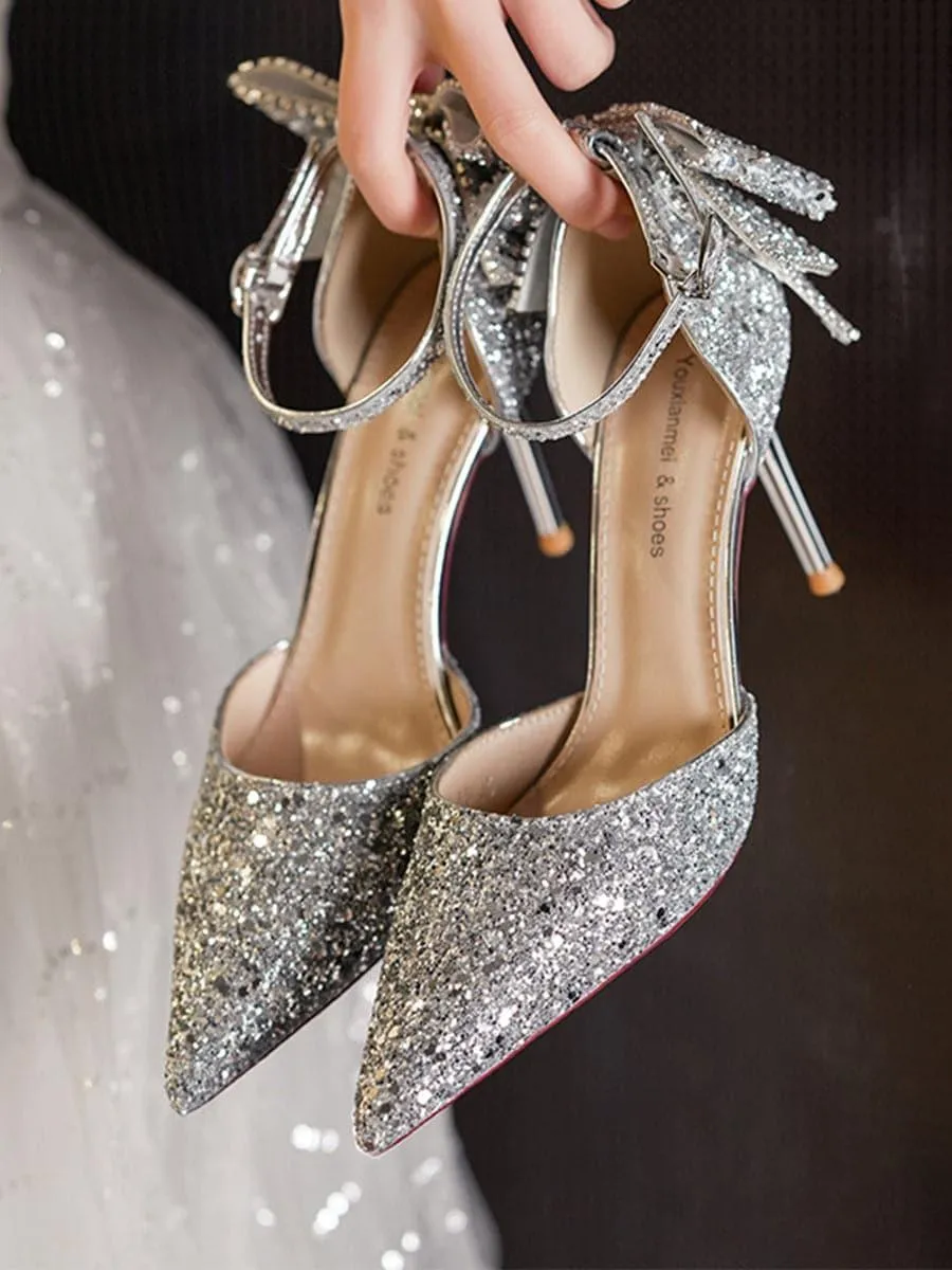 Sequin & Bow Decor Point Toe Heeled Pumps MHE1062