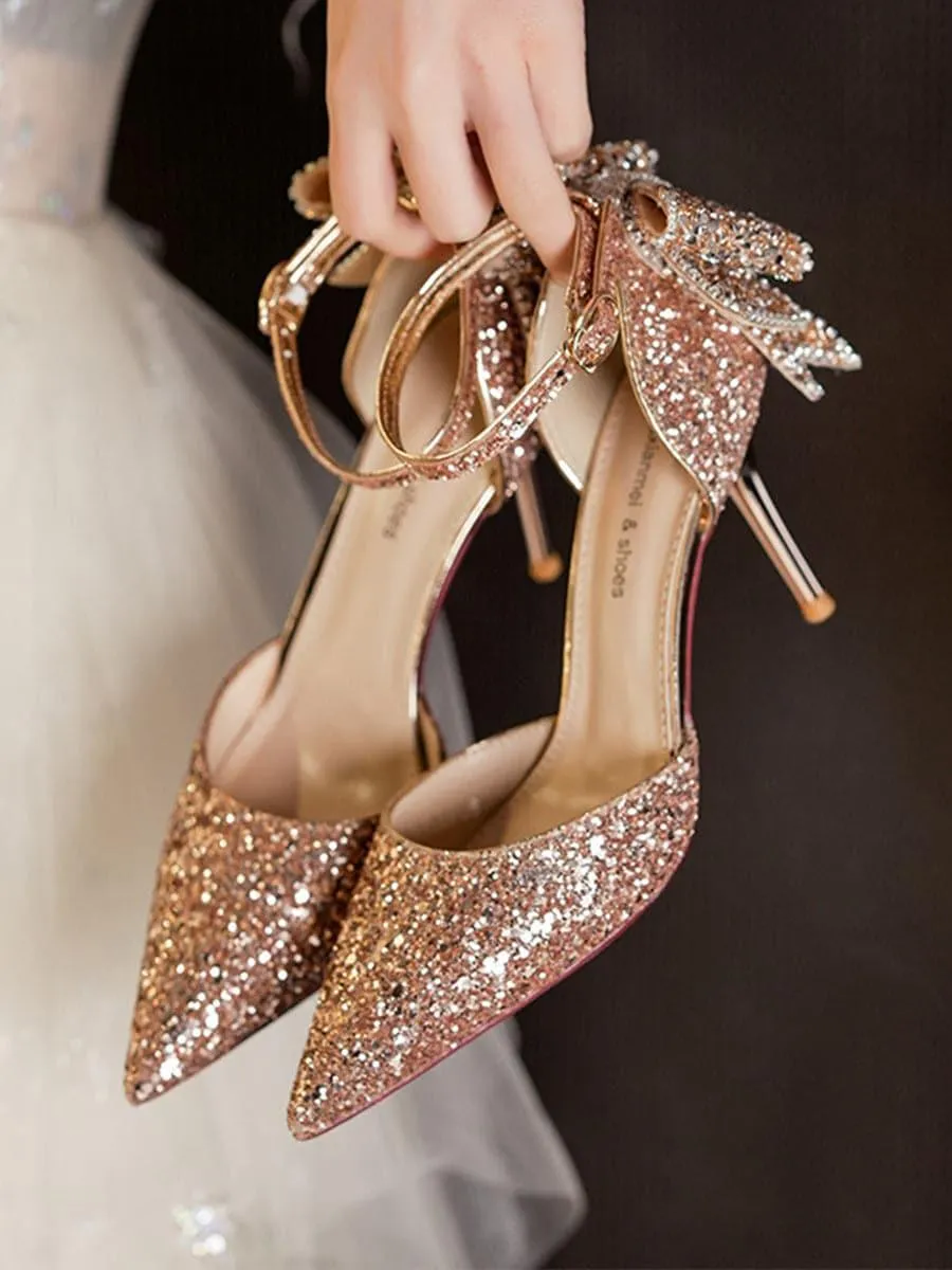 Sequin & Bow Decor Point Toe Heeled Pumps MHE1062