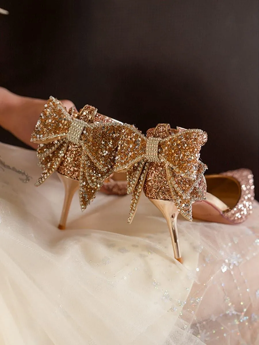 Sequin & Bow Decor Point Toe Heeled Pumps MHE1062