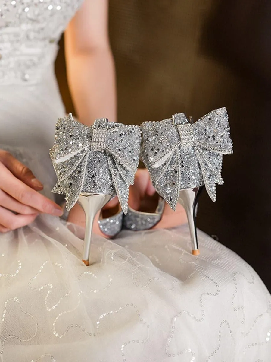 Sequin & Bow Decor Point Toe Heeled Pumps MHE1062