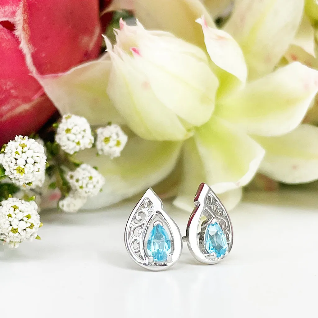 Silver Filigree Blue Topaz Studs