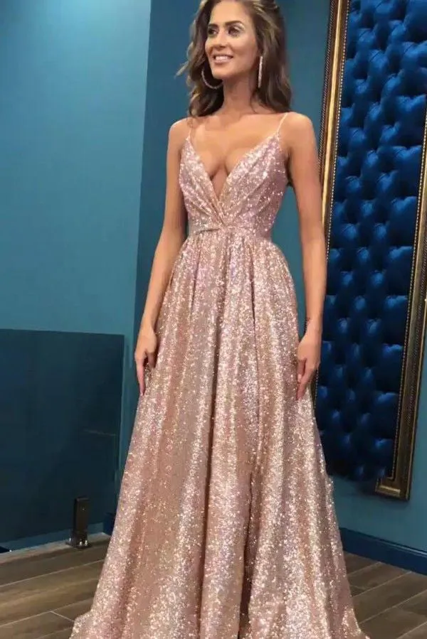 Simple Open Back Sleeveless Spaghetti Straps Sequins Prom Dress OHC149
