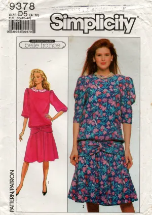 Simplicity 9378 BELLE FRANCE Womens Puff Sleeved  Drop Waisted Dress 1980s Vintage Sewing Pattern Size 4 - 12 UNCUT Factory Folded