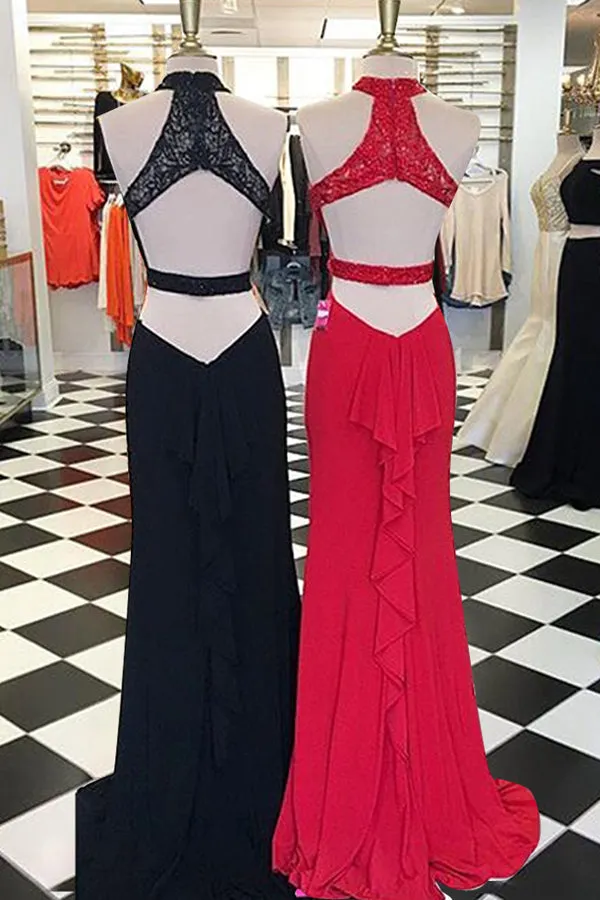 Special Round Neck Open Back Split Front Red/Black Sheath Prom Dress with Beading Lace LPD050