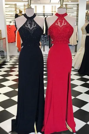 Special Round Neck Open Back Split Front Red/Black Sheath Prom Dress with Beading Lace LPD050