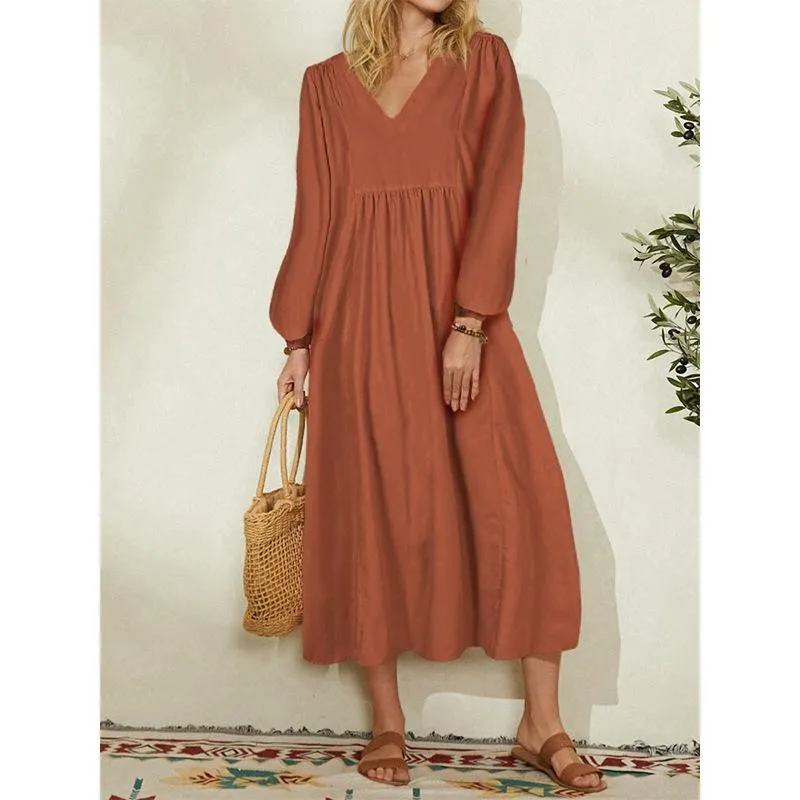 Spring Dress Women's Fashion Cotton Linen Loose Lantern Sleeve Dress